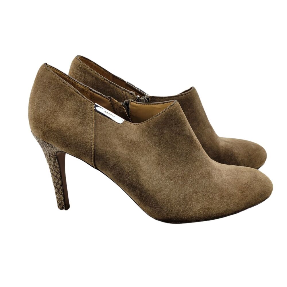 Coach Seneca Tan Suede Ankle Booties Snake Print Stiletto Heel Size 8.5